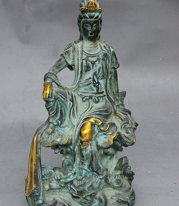 10 &quotСтарый китайский буддистский бронзовый позолоченный NanHai Free GuanYin Kwan-Yin статуя