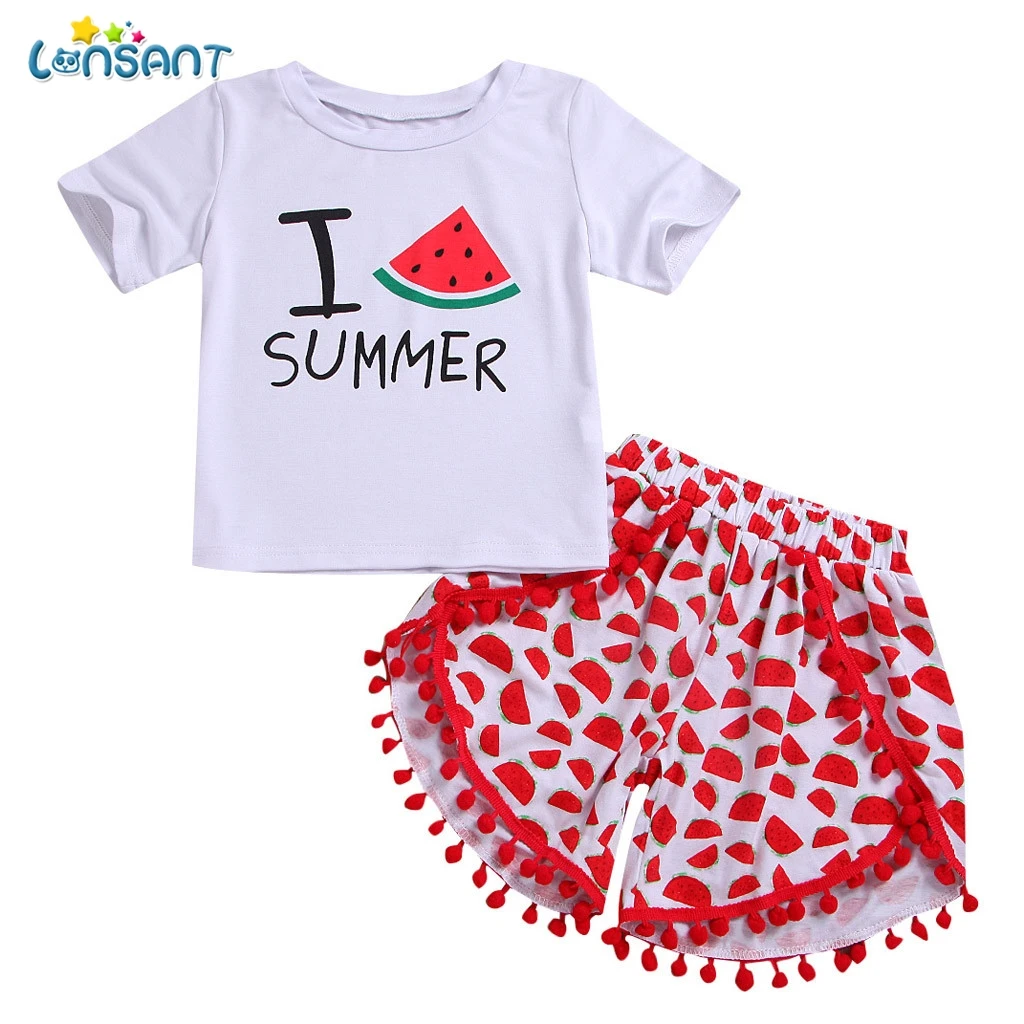 LONSANT 2Pcs/Lot Newborn Infant Baby Girls Clothing Sets Cotton Print Summer T Shirt+Shorts Girl Clothes New N30 | Мать и ребенок