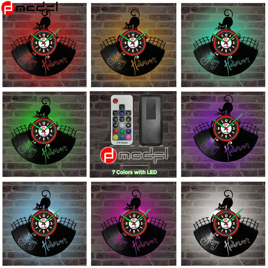 Halloween Party Decorative Accessory Bat Cat Wall Sticker LED Light Vinyl Vintage Clock Luminova Duvar Saati with Free Gift |