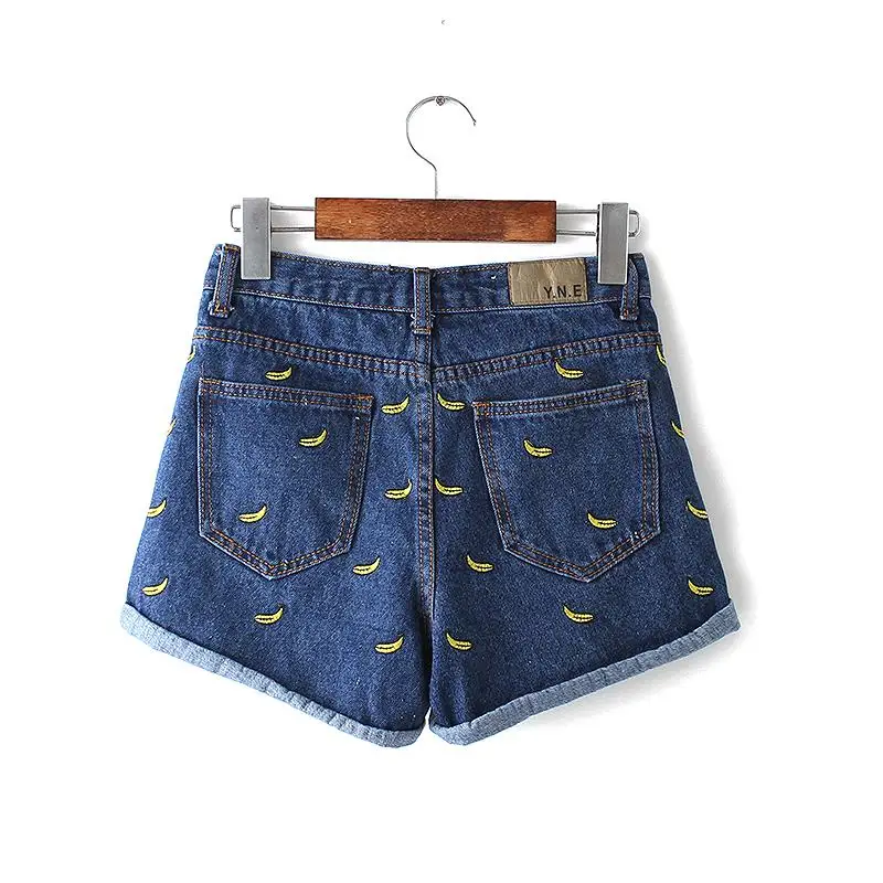 Высокая Талия Джинсовые шорты Для женщин банан Вышивка Короткие джинсы Горячая