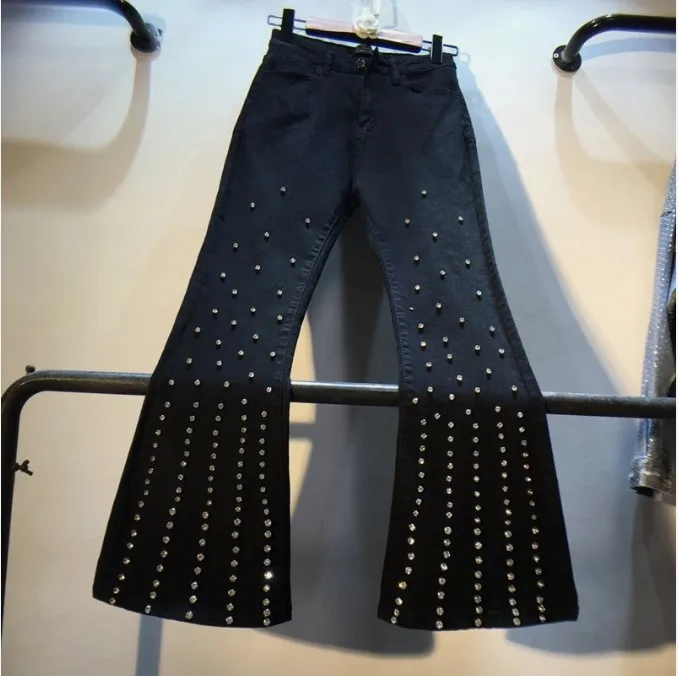 Черные расклешенные джинсы для женщин Весенняя мода 2019 тяжелая Алмазная
