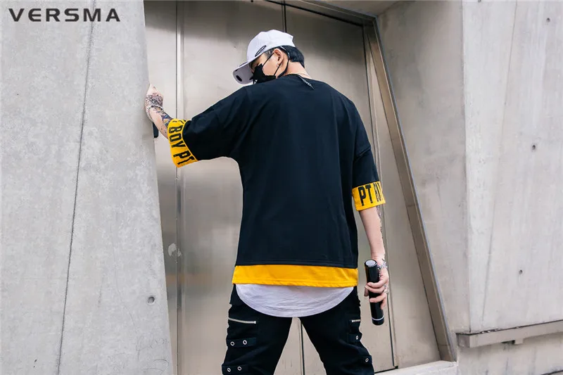 VERSMA корейские Harajuku BF ленты граффити напечатанные футболки мужские летние высокая улица хип хоп негабаритных футболки мужские дропшиппинг