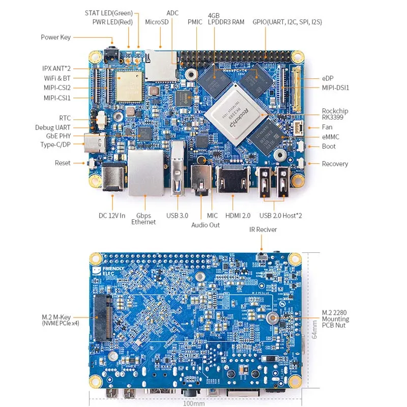 NanoPC T4 Минимальный Rockchip RK3399 Soc 4 Гб ОЗУ 16 Гб eMMC AI и приложения глубокого обучения двухдиапазонный wifi M.2 PCIe NVME