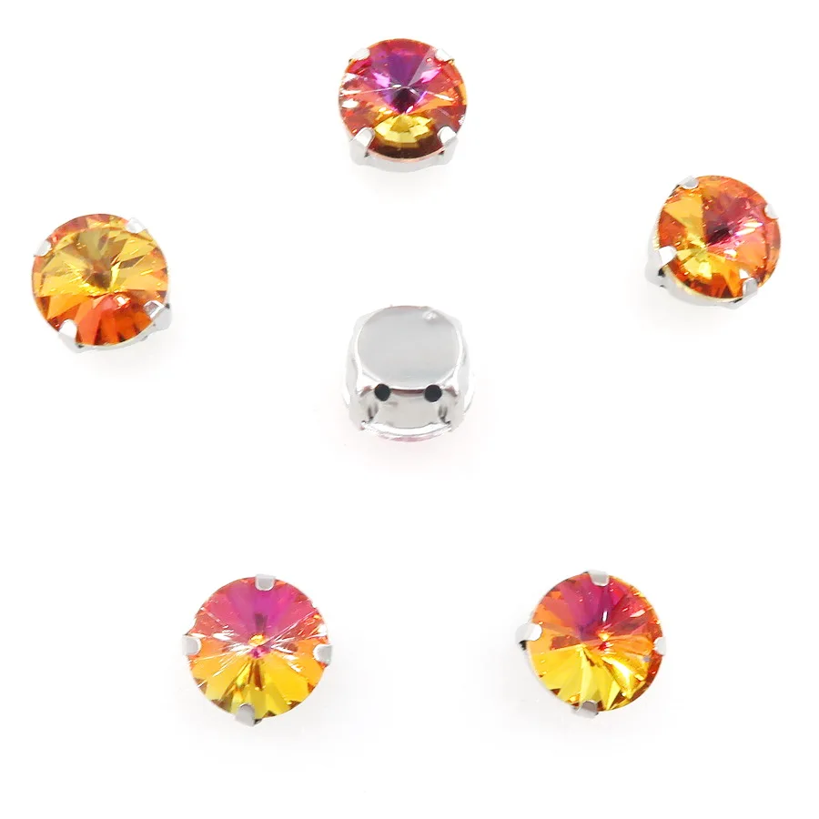 A5 Topaz rainbow Радужные цвета, стеклянные кристаллы, серебряные коготки, 8 мм, 10 мм, круглые Rivoli формы, пришитые стразы, кристаллы, аппликация, одежда, сделай сам - Цвет: A5 Topaz rainbow