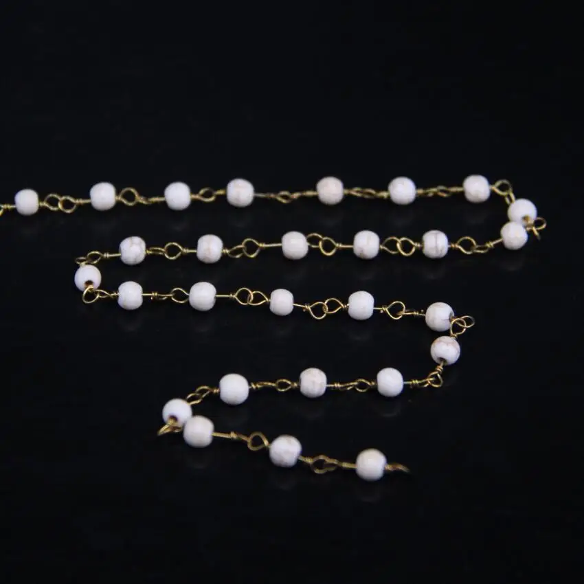 5Meters/lot 4mm White Turquoises Round bead Copper Link Chain Gems Stone With Brass Wire Wrapped Rosary Style | Украшения и