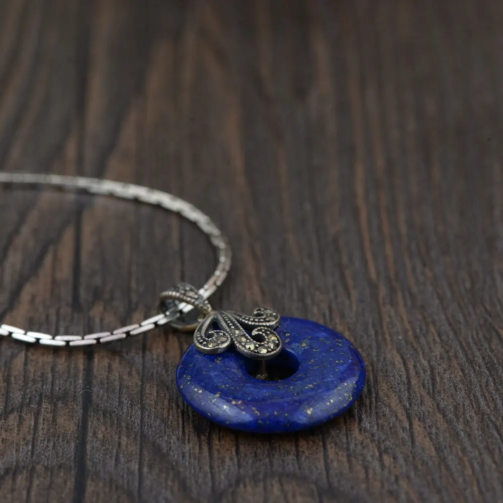 Круглая Подвеска из серебра 925 пробы с лазуритом 100%|thai silver pendant|pendants for womenf pendant |