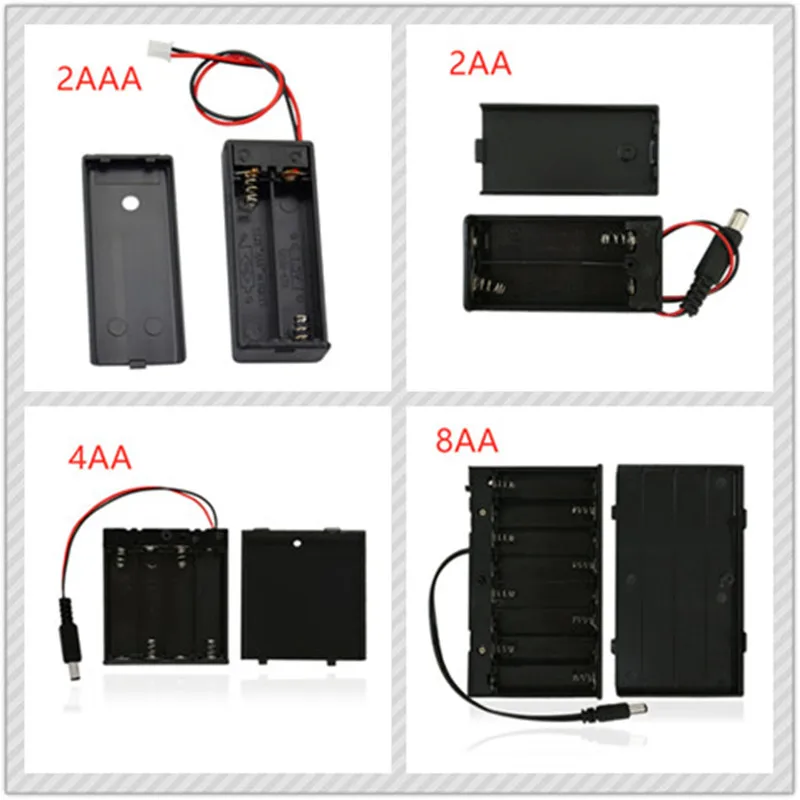 

Keyestudio 2AAA/2AA/4AA/8AA Battery Holder Case Slot Holder Plastic Storage Box With OFF/ON Switch Wires+DC Port