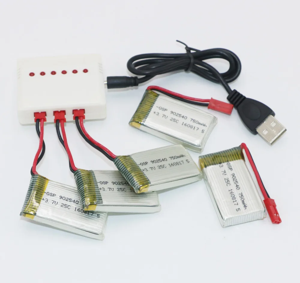 6 в 1 Lipo зарядное устройство 3 JST порт + 5 шт 7 V 750mah 25C батарея для MJX X400 X800 X300C Rc Quadcopter|3.7v
