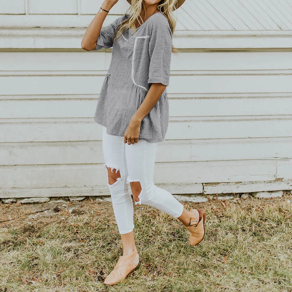

Stripe Blouse Half Sleeve Shirts Loose Casual Lace Blouse Tops Womens Tops And Blouses Plus Size O-Neck Patchwork