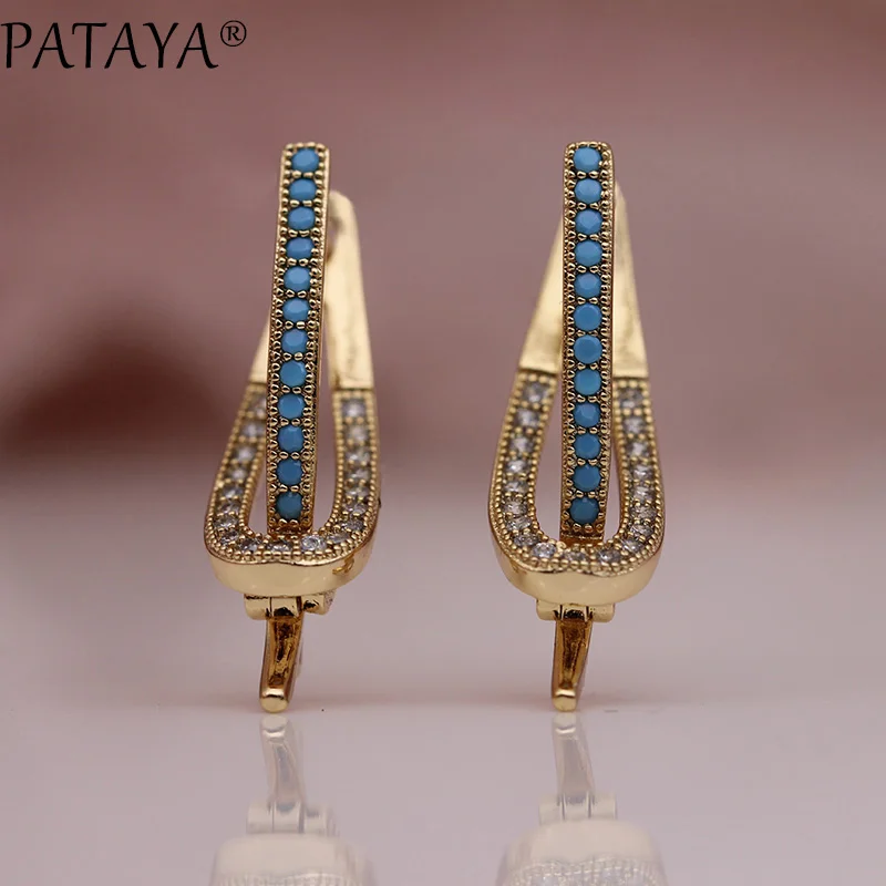 

PATAYA New Unique Long Earring 585 Rose Gold Color Gold Star Stone Dangle Earrings Women Wedding Party Hollow Jewelry Girl Gift