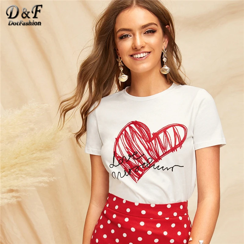 Dotfashion белая футболка с круглым вырезом и графическим принтом букв для женщин Летние повседневные женские топы модная одежда футболка с коротким рукавом