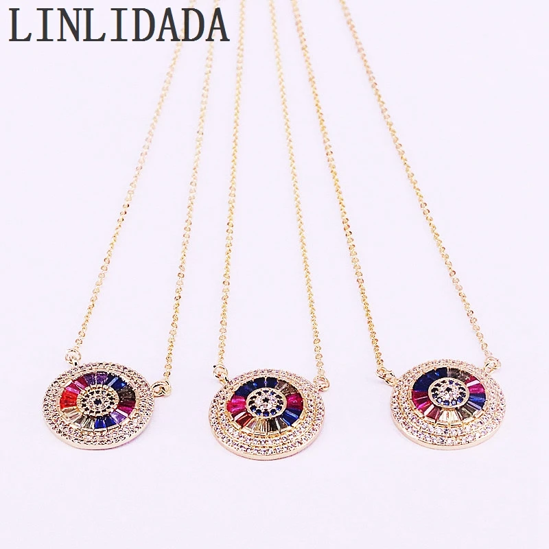 

5Pcs Multi Colorful CZ Zirconia Micro Paved Round Gold Color Pendant Necklaces