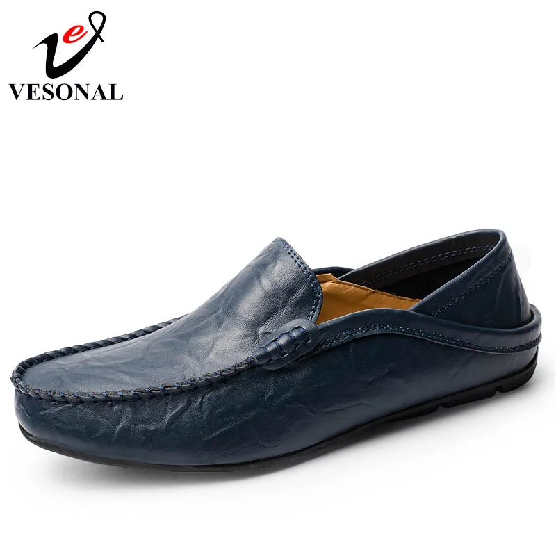 VESONAL Genuine Leather Spring Summer Driver Male Loafers Shoes For Men Flat Adult Breathable Light Moccasins Soft Boat Footwear | Обувь