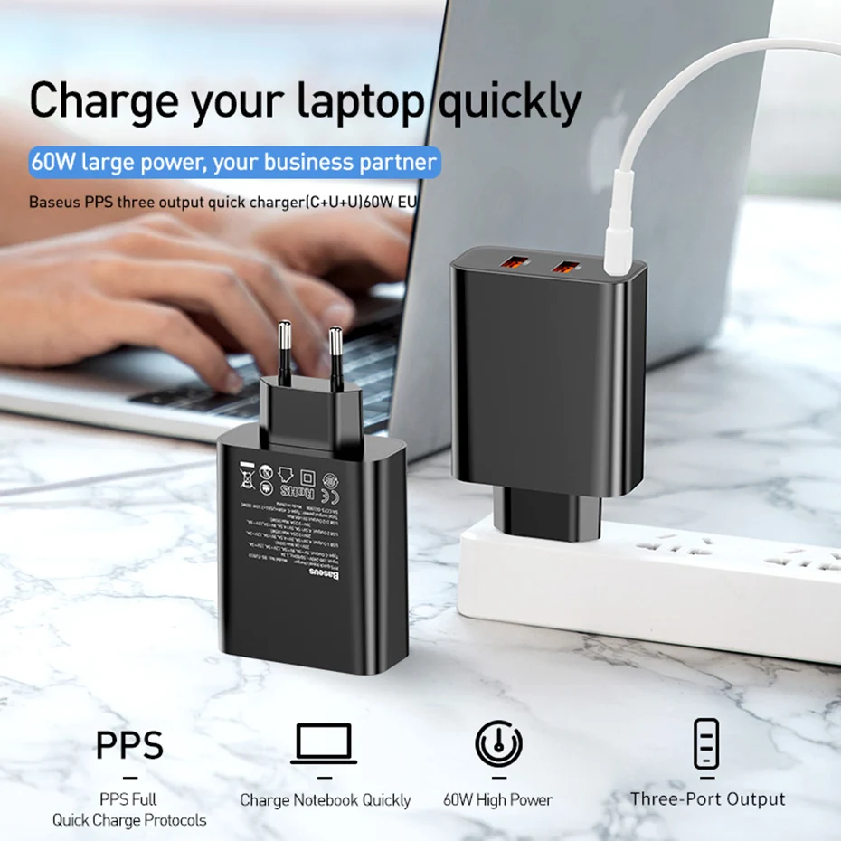 Baseus 3 порта USB зарядное устройство с PD3.0 быстрое зарядное устройство для iPhone 11 Pro Max Xr 60 Вт Quick Charge 4,0 FCP SCP для Redmi Note 7 huawei