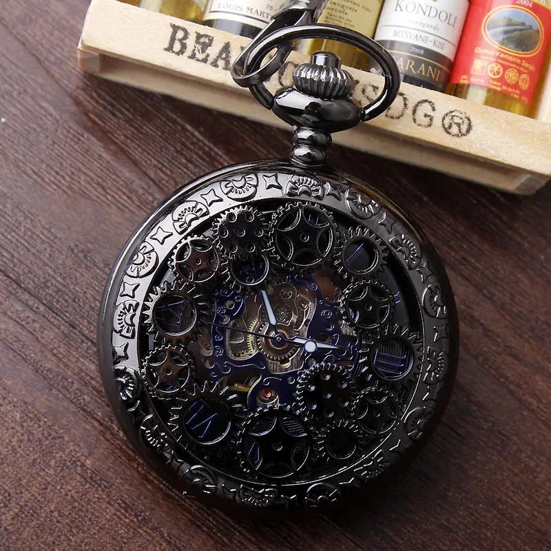 Ретро дизайн полые шестерни Fob механические часы винтажные черные карманные с