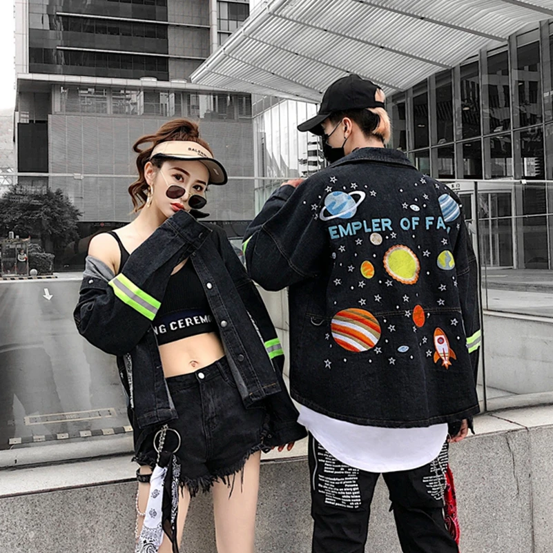 Модная новинка 2021 свободная Тяжелая джинсовая куртка с вышивкой звездное небо