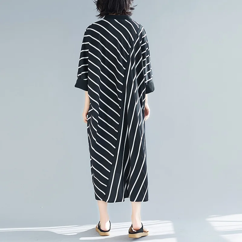 white black stripe vintage plus size women casual loose long spring summer shirt dress elegant clothes 2020 ladies dresses | Женская