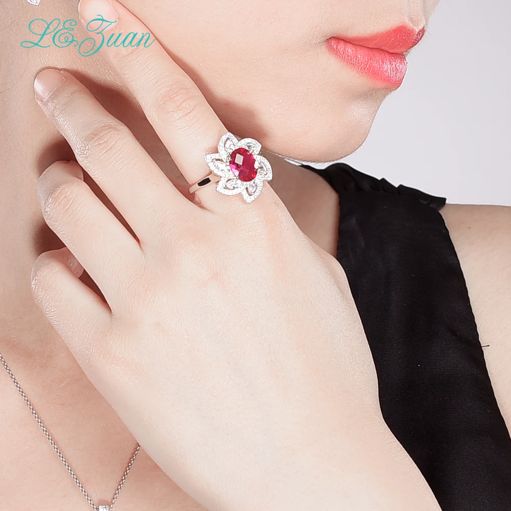 L&ampzuan 100% 925 Sterling Silver Ring 5.82ct Red Stone Checkerboard Gems Cluster Flower Rings For Women Ruby Fine Jewelry | Украшения и