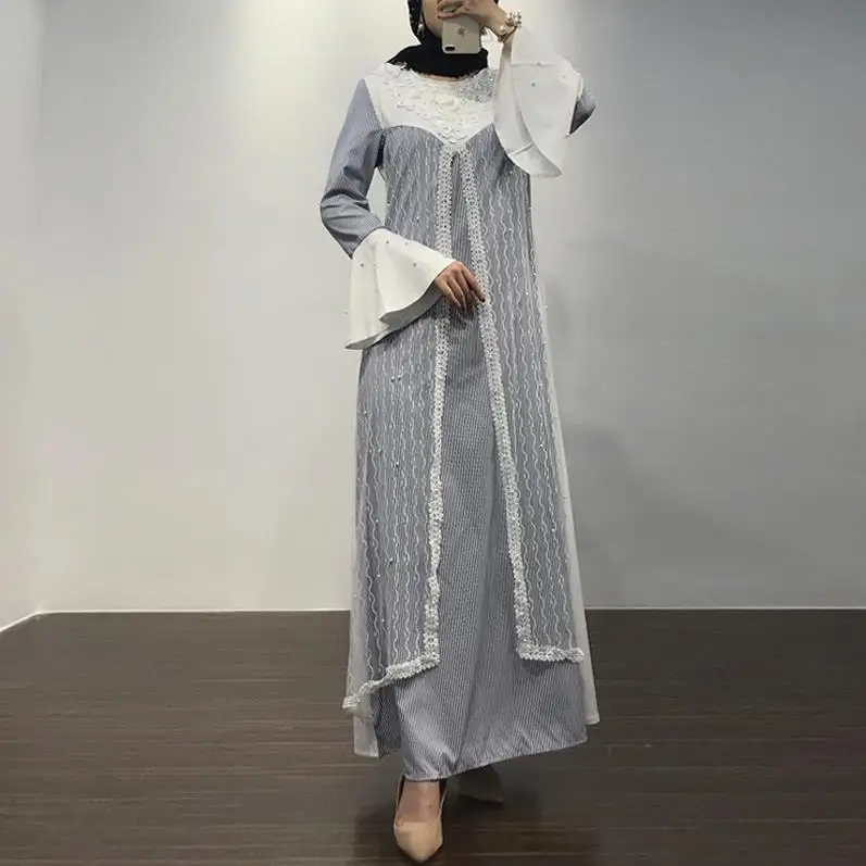 Blue striped dress Платья хиджаб платья кафтан абайя Турция женские мусульманские платья халат исламский ремень исламские платья - Цвет: Blue striped dress