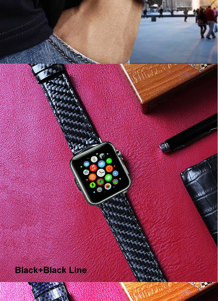 Для Apple Watch Series 4 iWatch ремешок из настоящего углеродного волокна ремешки для часов Apple Watch Series 1 2 3 Leahter браслет 38-42-40-44мм