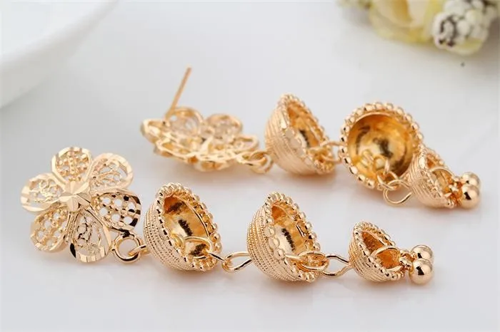 Yellow Gold Color Cut Out Flower Filigree Layered Bell Drop Dangle Chandelier Long Earrings For Women Aros Pendientes Jewelry|earings silver|earrings
