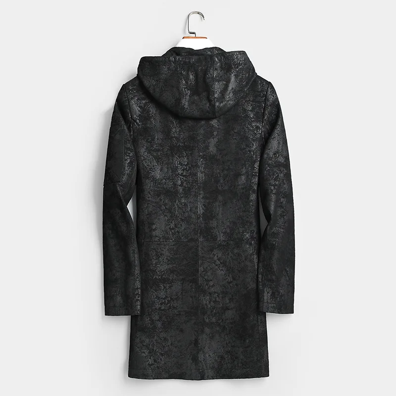 Men's Genuine Leather Jacket Hooded Goatskin Coat Mens Print Leather Jackets Windbreaker Chaqueta Cuero Hombre 8801 YY443