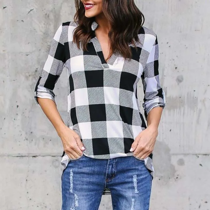 Women Fashion V Neck Long Sleeve Loose Blouse Casual Check Plus Size S 5XL Plaid Baggy Shirts Classic Pullovers |