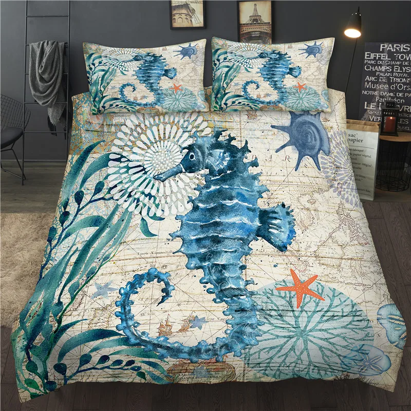

Double Bed Linen Set Twin Queen King Size Seahorse Printed Bedding Sets 3D Duvet Cover with Pillowcase Animal Bed Cover Set