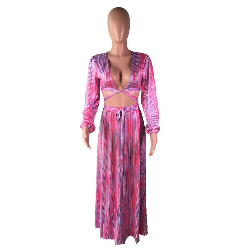 Сексуальное Платье макси с v-образным вырезом и длинным рукавом из двух частей