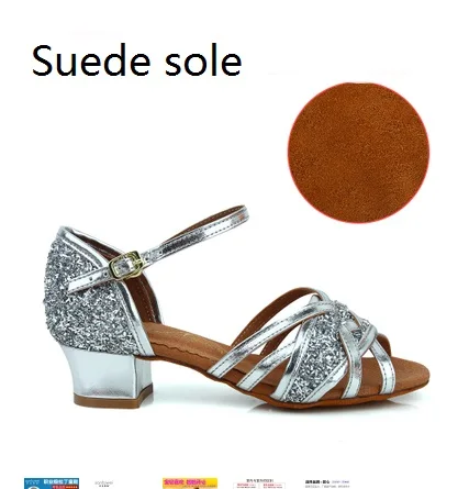 Silver Suede Sole Латинский бальный танец для девочек; обувь для сальсы; женская обувь для латиноамериканских танцев; детская обувь для танцев; мягкая подошва; VA30930 - Цвет: Silver Suede Sole