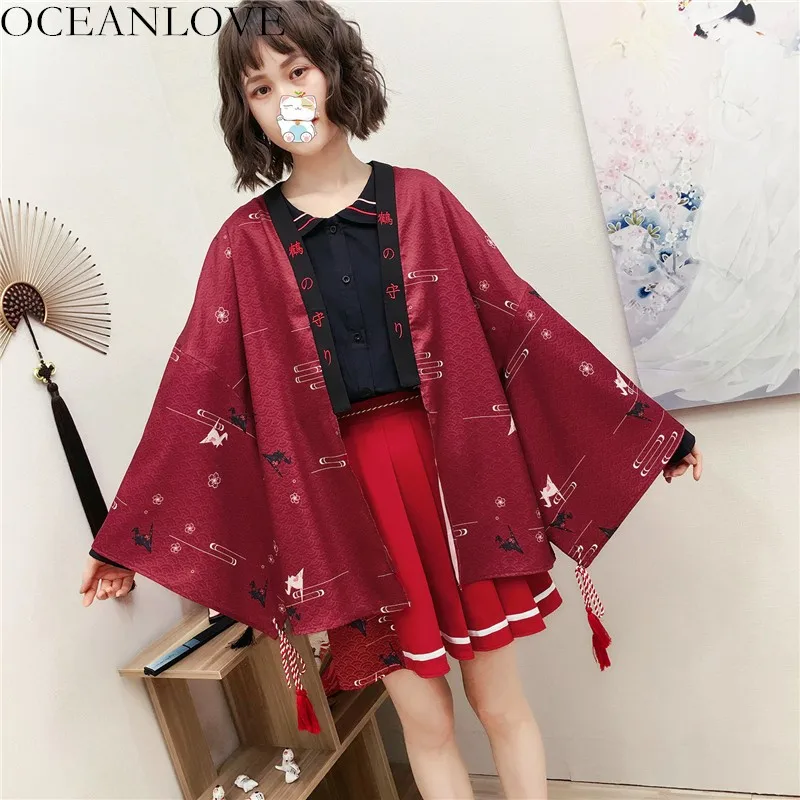 OCEANLOVE Harajuku Kimonos принт японский стиль 2020 весенние женские Топы Кардиган Косплей