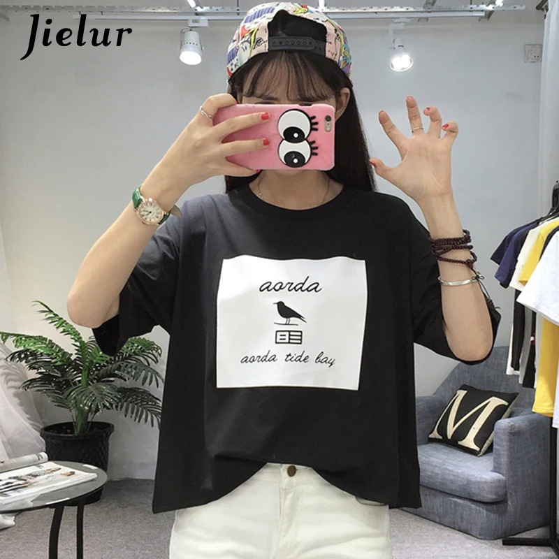 Jielur 2019 летняя футболка для женщин Харадзюку корейский стиль птица мультфильм