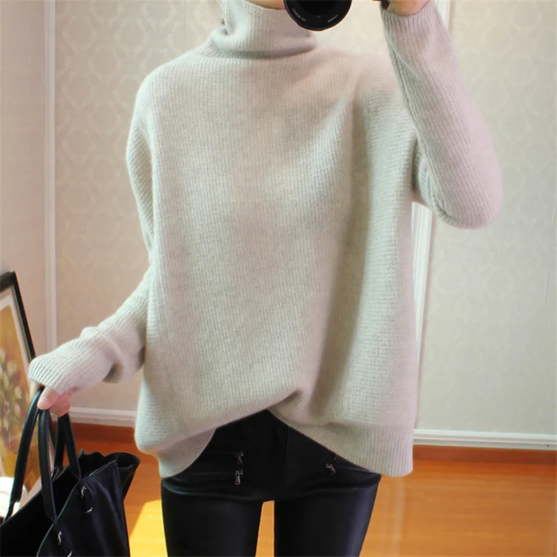 korean style pure cashmere knit women casual batwing sleeve turtleneck loose pullover sweater solid color S-L | Женская одежда