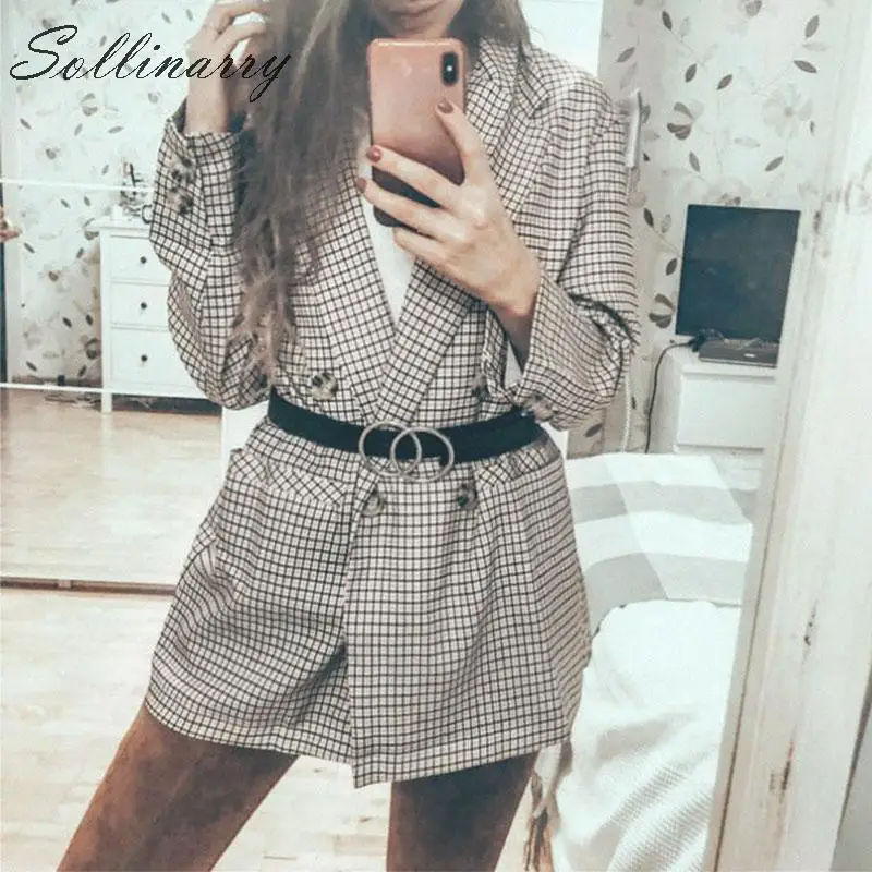 Sollinarry, модное осеннее пальто с зубчатыми лацканами, куртки, женские свободные клетчатые пальто на пуговицах с карманами, женские повседневные Куртки Оверсайз