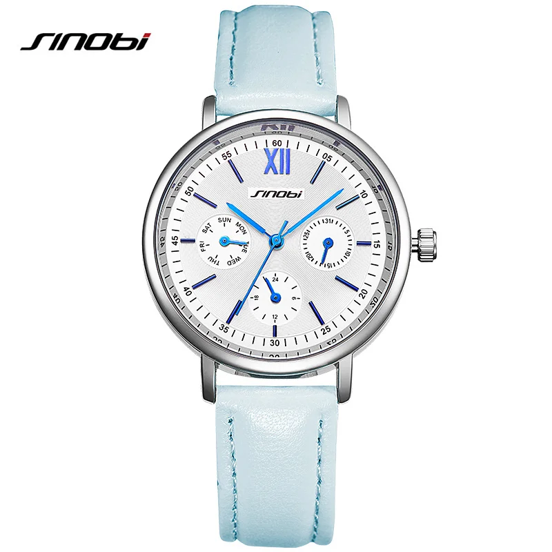 lightblue SINOBI женские модные наручные часы с кожаным ремешком золотые кварцевые женские часы женские повседневные часы reloj mujer xfcs - Цвет: lightblue