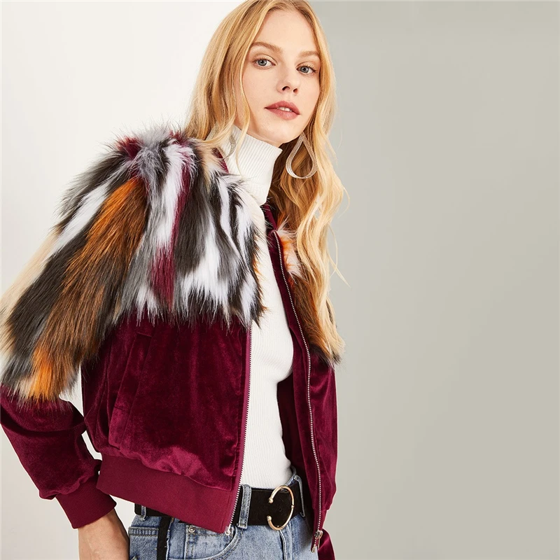 SHEIN Пальто С Контрастным Искусственным Мехом Женское Осеннее Многоцветное Гламурное Пальто С Длинными Рукавами И Стоячим Воротником