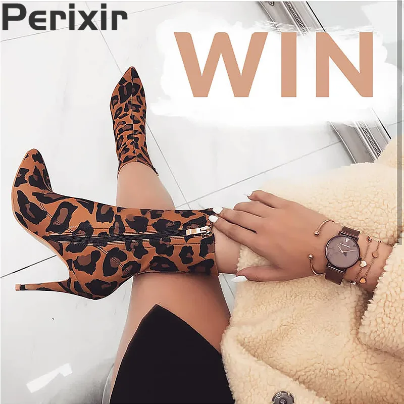 Perixir; коллекция года; Модные ботильоны с леопардовым принтом; сезон весна-осень; высококачественные полусапожки на тонком каблуке с острым носком