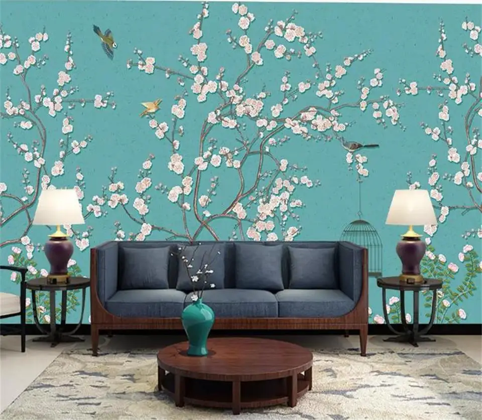 

Настенные 3D-обои на заказ, для гостиной с изображением цветка сливы и птицы, дивана, фона для телевизора