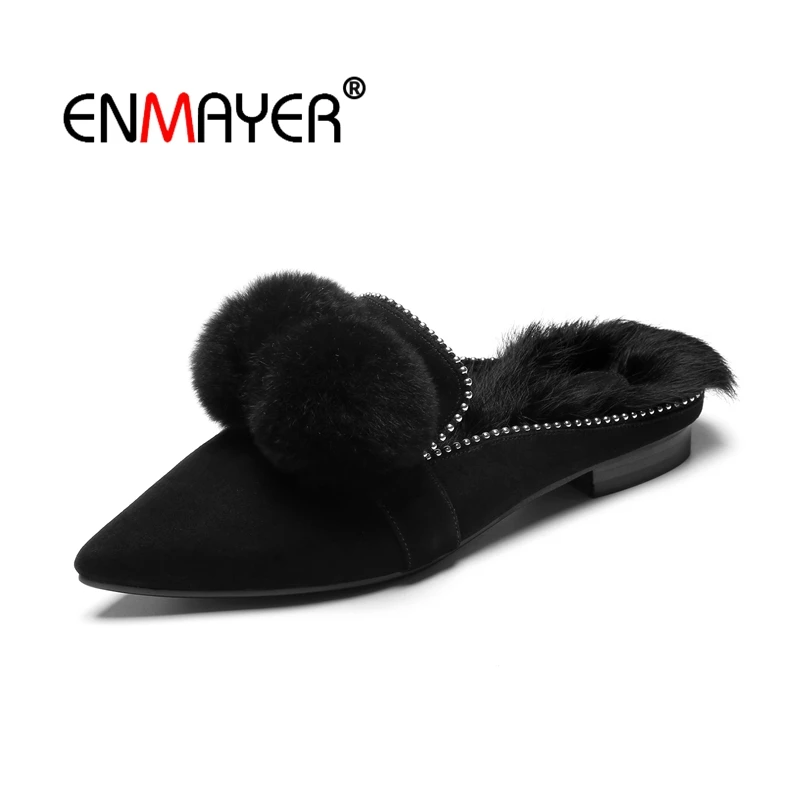 

ENMAYER Women Flats Shoes Autumn Square Toe Slip-on Size 34-39 Causal Black Shoes for woman Flats Shoes Fuax fur Warm CR1801