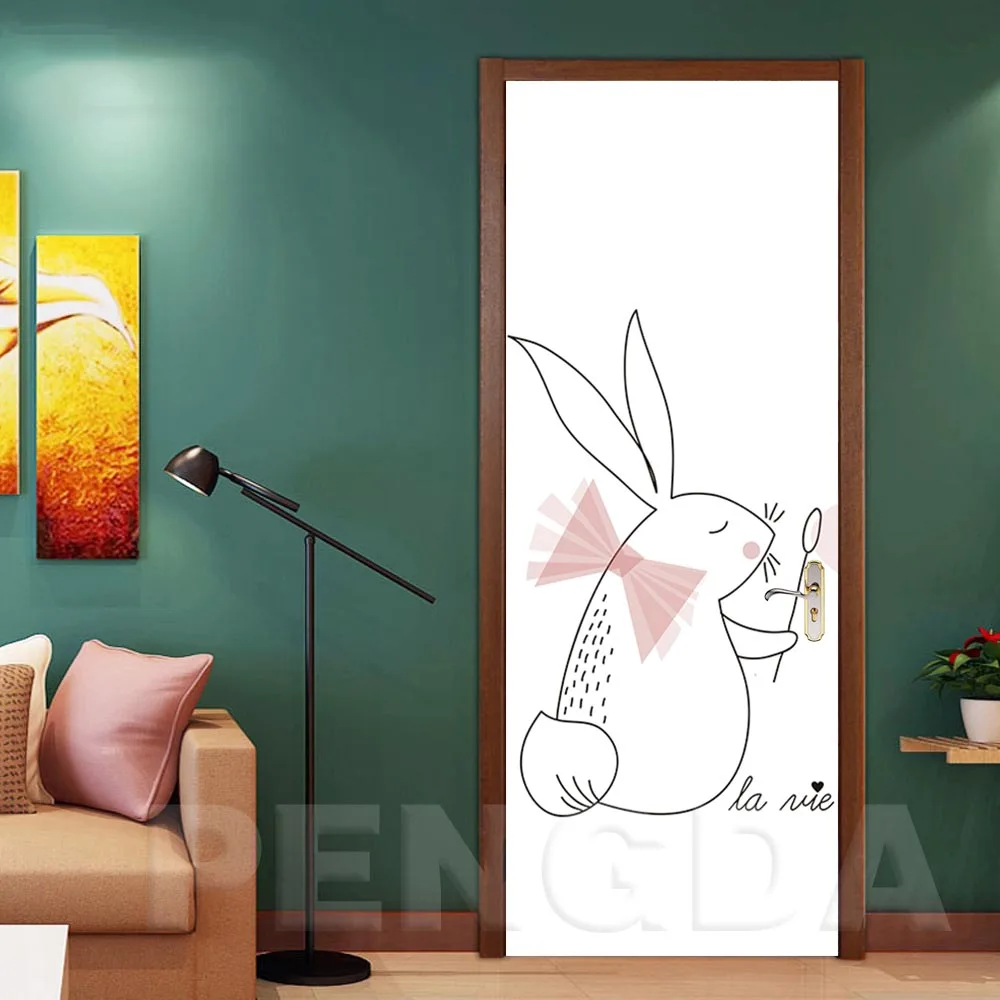 3d Door Sticker Printed Picture Self Adhesive Waterproof Cartoon Rabbit Elephant Wallpaper Home Decor Wall Art Kids Room Paste | Дом и сад