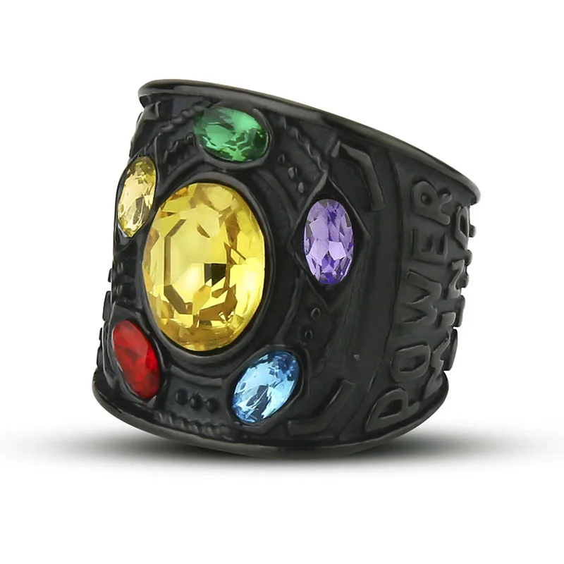 Men's Marvel Avengers thanos Ring Silver Infinite Power Gauntlet Crystal Ring for Men Stainless Steel Power Superhero Rings Man - Цвет основного камня: Black