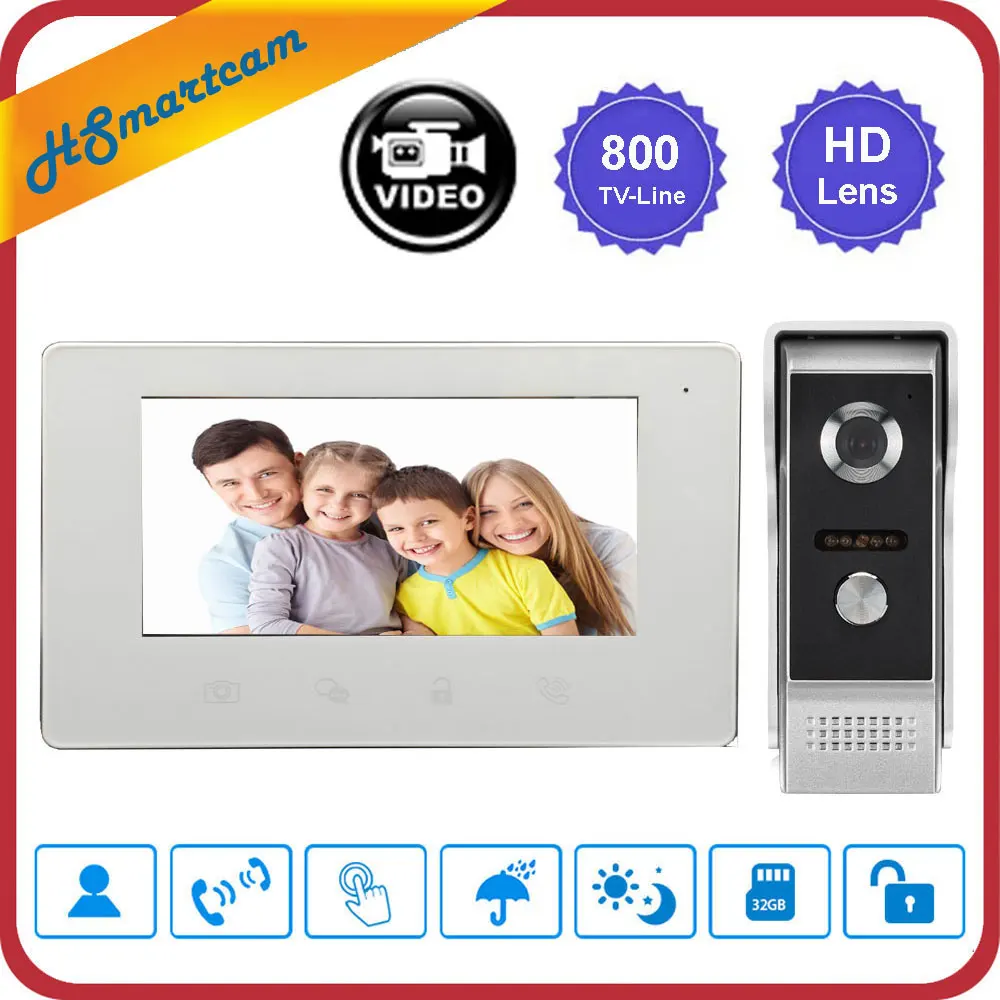without SD card 7 дюймов видео дверной звонок Домофон 800TVL ИК камера ночного видения дверной звонок видео рекордер домофон+ 32 г SD карта - Цвет: without SD card