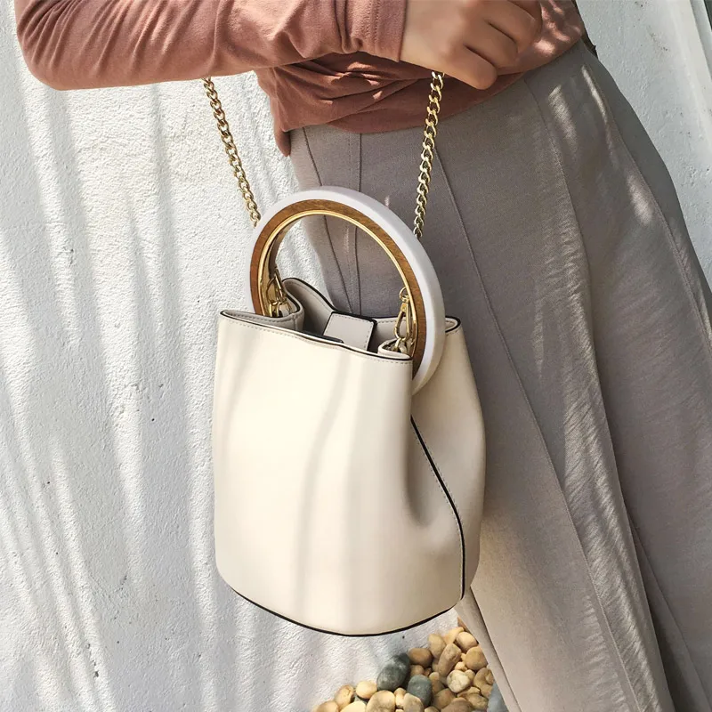 Women BAG White ENSSO, Новое поступление, винтажная одноцветная круглая ручка, спилок, кожа, роскошная, коричневая, белая, женская сумка через плечо, Сумка с металлической цепочкой - Цвет: Women BAG White