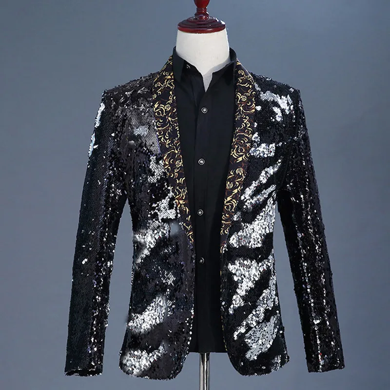 Блейзер Мужской с золотыми блестками пиджак цветочным принтом воротник шаль