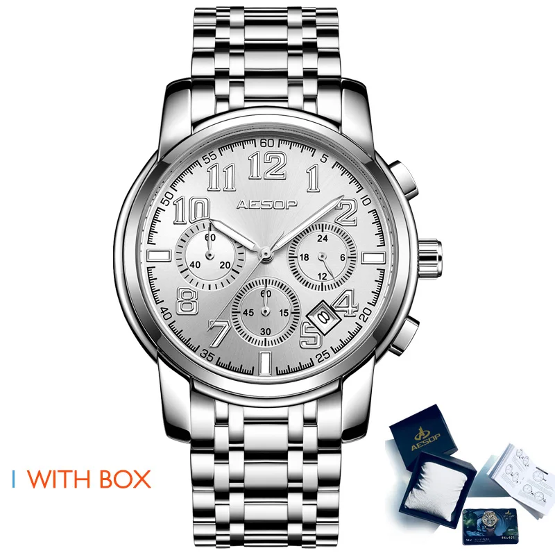 Silver white S Box AESOP, спортивные мужские часы, кварцевые наручные часы, мужские часы из нержавеющей стали, мужские наручные часы, водонепроницаемые, Relogio Masculino - Цвет: Silver white S Box