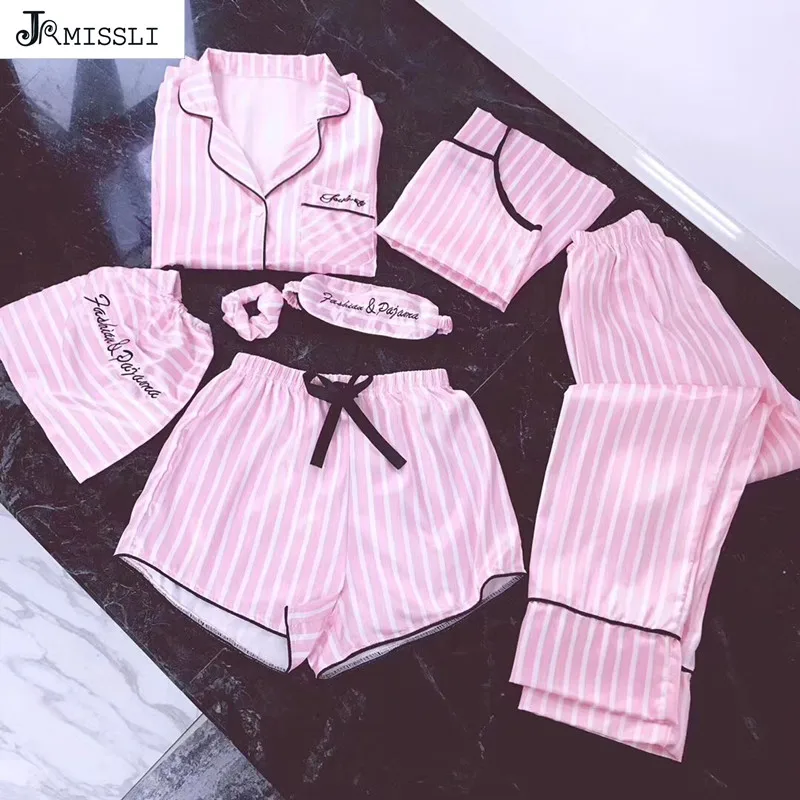 JRMISSLI pyjamas women 7 pieces Pink pajamas sets satin silk Sexy lingerie home wear sleepwear pyjamas set pijama woman