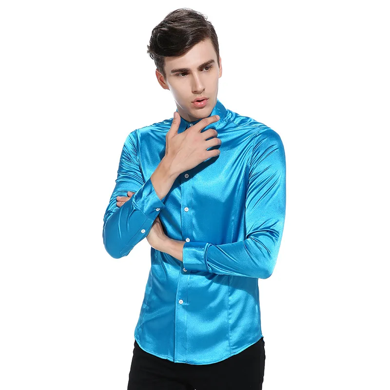 Blue Шелковая атласная Мужская рубашка Chemise Homme модная мужская приталенная смокинговая рубашка Повседневная блестящая шелковая рубашка на пуговицах - Цвет: Blue