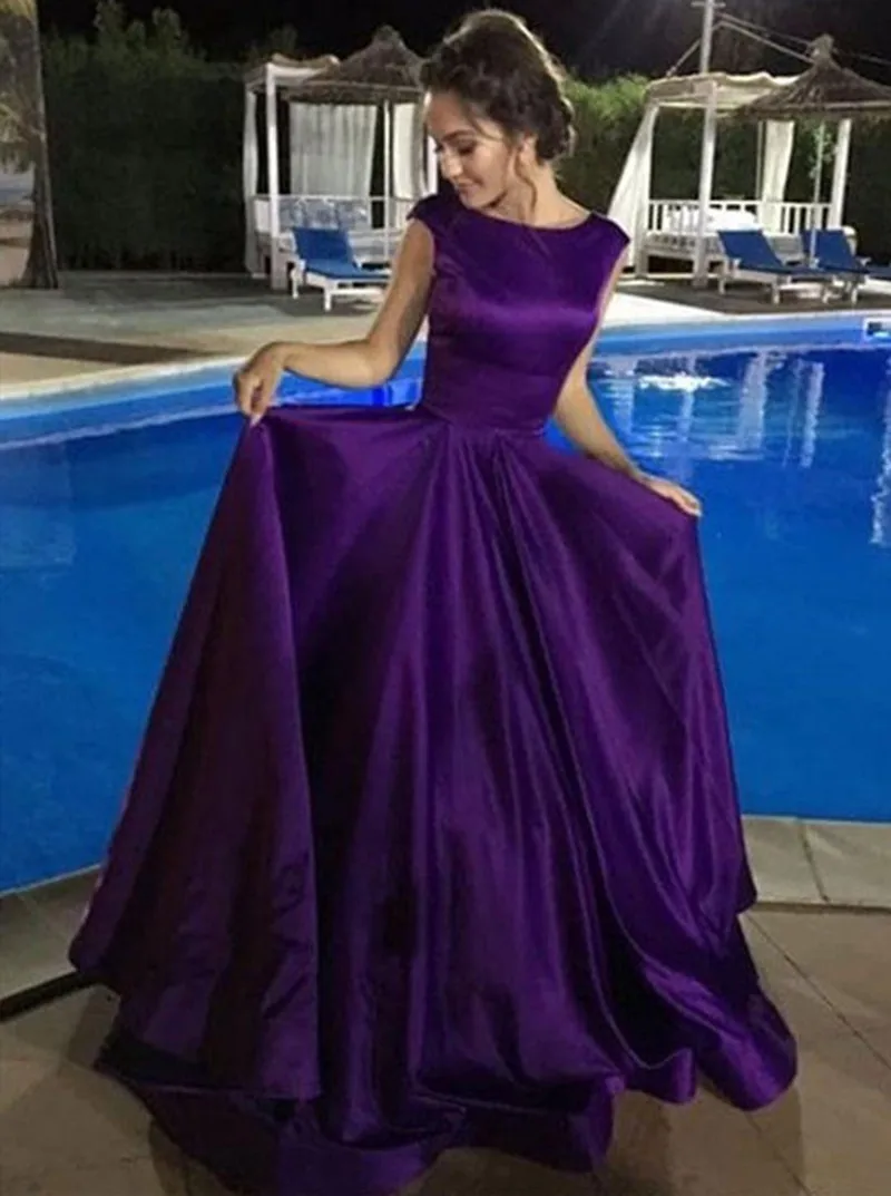 

Cinderella Purple Scoop Sleeveless Floor Length Court Train Gray/Red/Green/Blue Satin A-Line Bridesmaid Dresses Fast Shipping