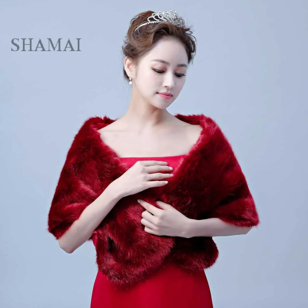 

SHAMAI Dark Red Faux Fur Winter Bridal Wraps Warm Fur Boleros Bridal Cape Evening Coat High Quality Hot Wedding bridesmaids wrap