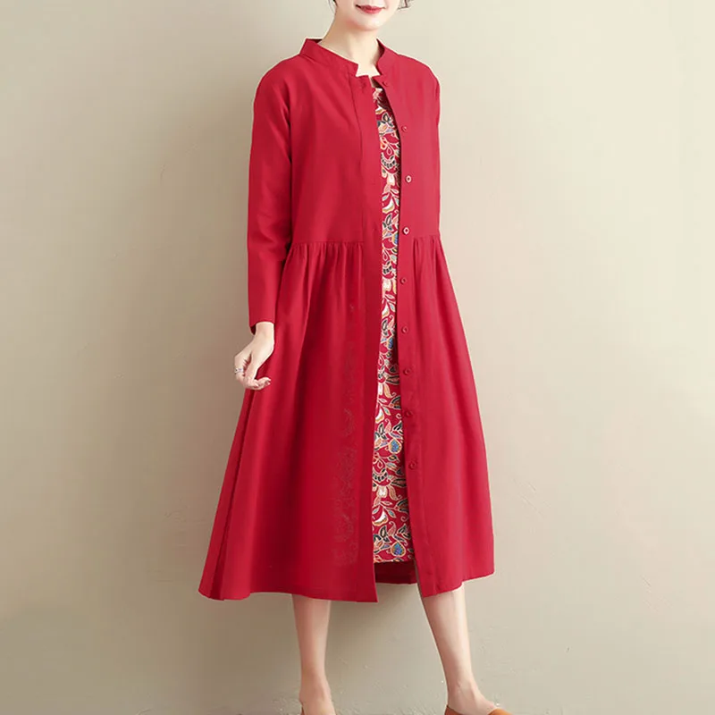 2019 Long Sleeve spring Autumn Dress Folk Style Women's Cotton Linen Turn-down Collar Casual Dresses Buttons Pockets aa886 | Женская